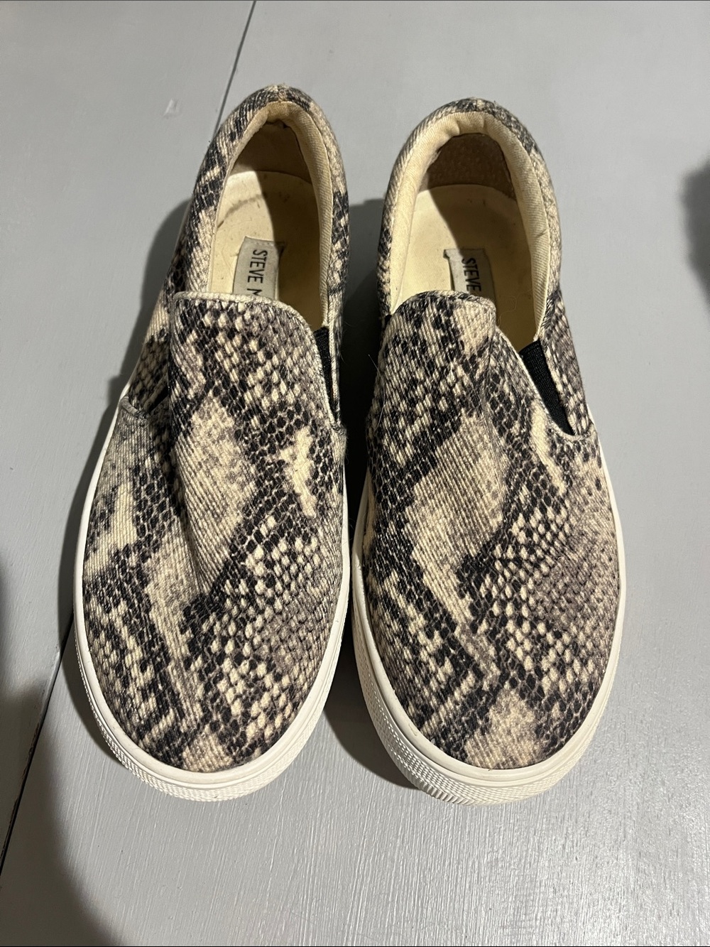 Steve Madden Slip-On Sneakers in Snake Print Cream, Grey and Black